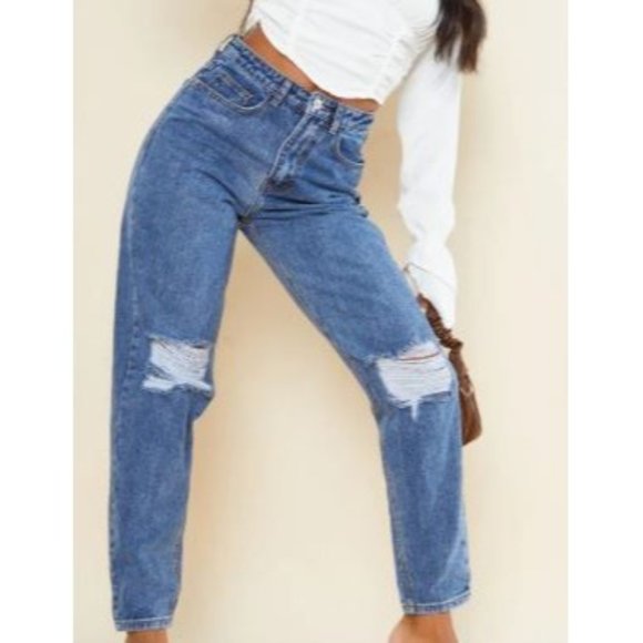 PRETTYLITTLETHING DARK BLUE KNEE RIP MOM JEANS - Picture 1 of 2